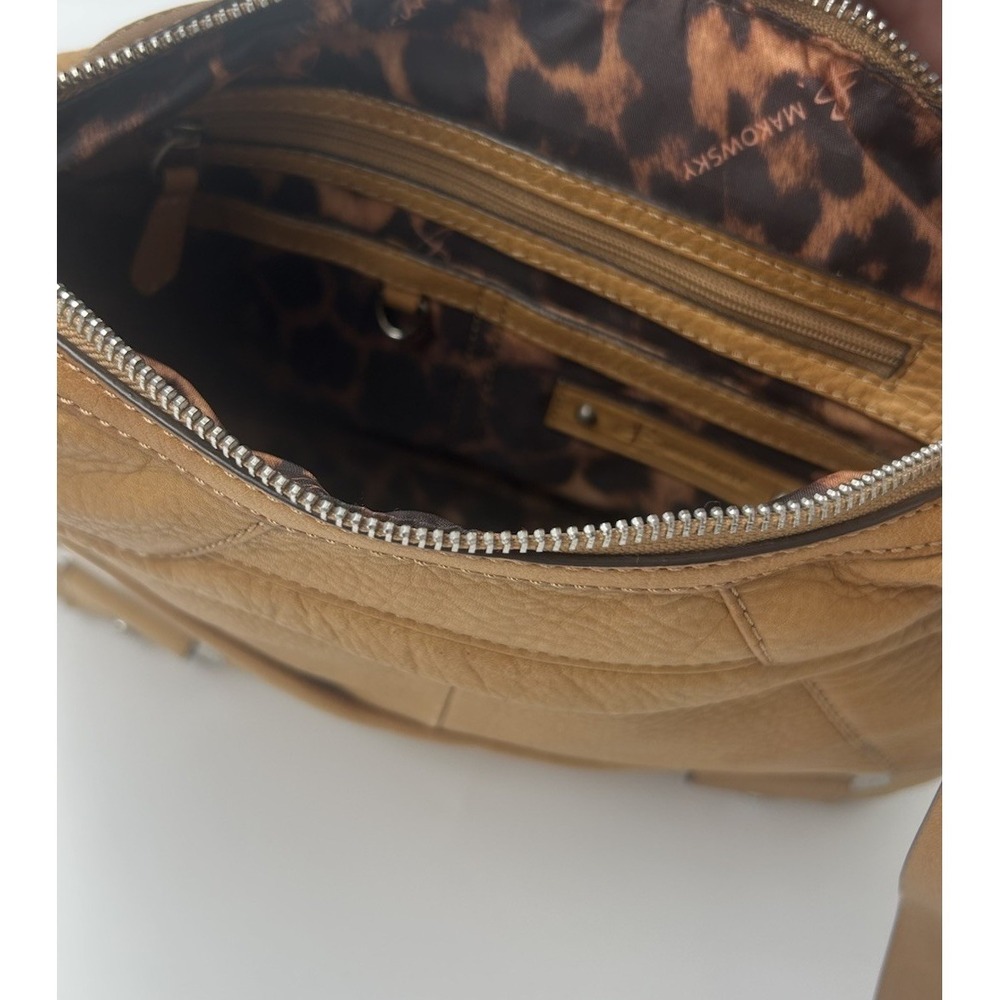 B Makowsky Tan  Leather Hobo Shoulder Bag Purse Leopard Lining Y2K Vintage - Picture 13 of 16